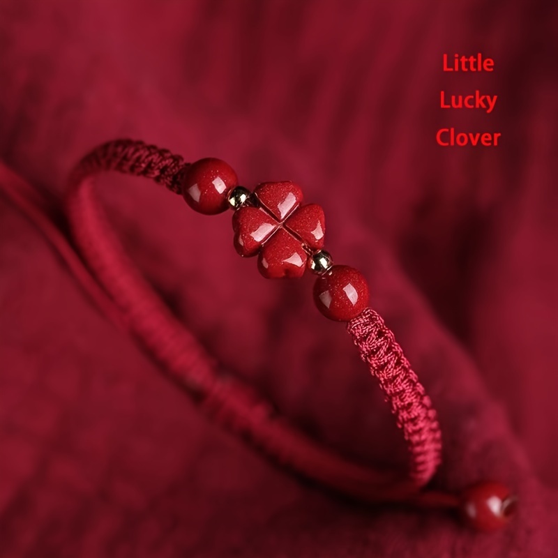 Red Clover Flower - Braided Lucky Red Cord Bracelet -